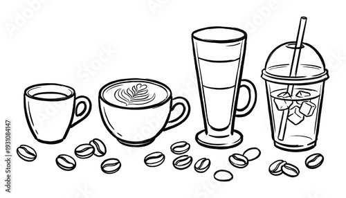 Coffee drinks and beans line art vector illustration featuring espresso, latte, iced coffee, with scattered beans