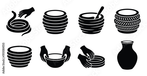 Coil pottery process black silhouette icons showing making a clay pot with hands and coils, step by step