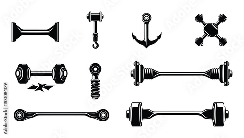 Collection of black and white mechanical parts vector illustration set, isolated on white. Industrial design elements.