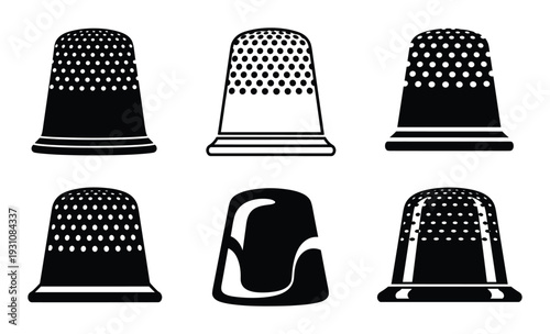 Collection of six vector thimble icons. Sewing thimble design, thimble for sewing and needlework, sewing equipment