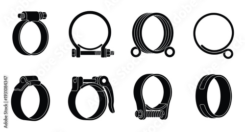 Collection of various black metal hose clamps vector illustrations for plumbing and automotive repair projects