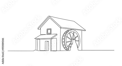 Watermill One-Line Icon, Single Continuous Bold Monoline Hut with Waterwheel Loop
