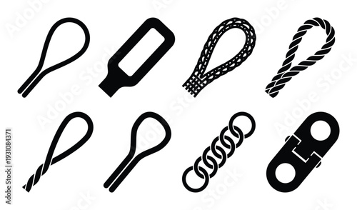 Collection of various black zipper puller designs vector illustrations isolated on white background.