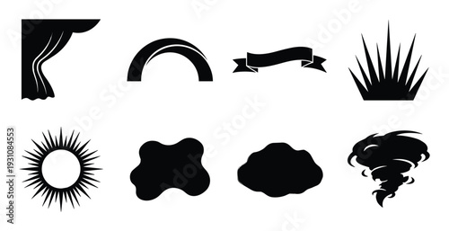 Curtain, arch, banner, bush, sun, cloud, and tornado vector silhouette design elements