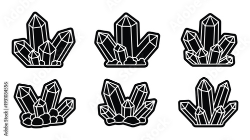 Crystal cluster illustration with geometric shapes and black and white colors, a magical mineral collection