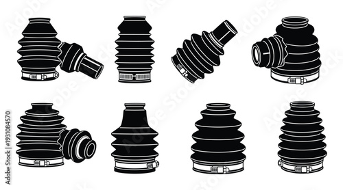 CV boot set vector illustration, car spare part black rubber bellow with clamps, auto axle drive joint dust cover.