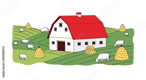 Farmhouse Barn with Hay Bales and Livestock on Rolling Green Hills