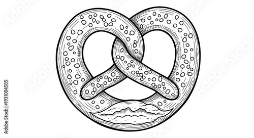 Hand-drawn pretzel sketch with salt crystals on white background
