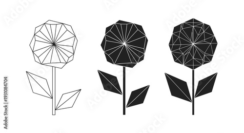 Geometric low poly flower illustrations in outline black silhouette and filled black variations symbolizing growth