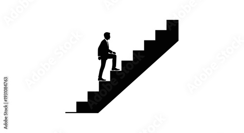 Silhouette of a businessman climbing up a black staircase against a clean white background symbolizing career growth