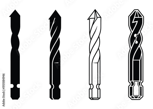 Drill bit set vector illustration, drill bit with various designs, metal material, dark and bright designs, mechanical tools