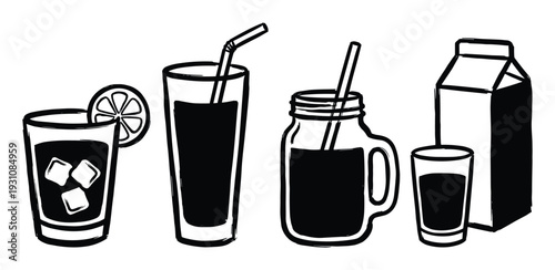 Drinks assortment vector illustration. Juice glass, lemonade with ice, smoothie in a mason jar and milk carton drawing