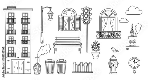 Urban city elements hand drawn sketch collection buildings windows street furniture and architectural details