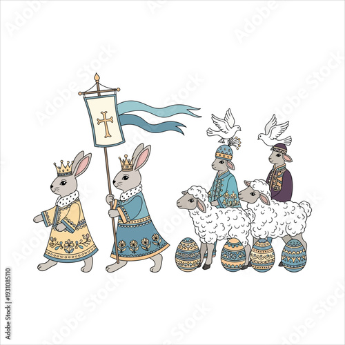 Easter sunday vector. Whimsical illustration of anthropomorphic rabbits in colorful attire marching together. 