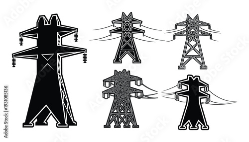 Electricity pylon black and white vector set with high voltage power line towers and electrical transmission line