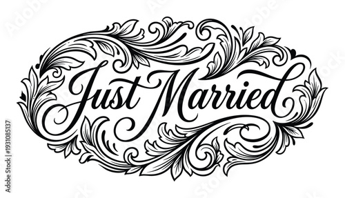 Elegant Black and White Just Married Design with Floral Ornate Elements