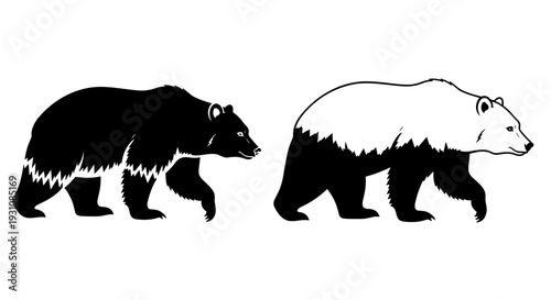 Two stylized bears one black silhouette and one white outline with black details walking side by side on a clean white