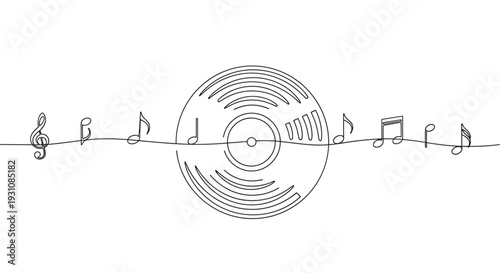 Retro vinyl record and musical notes flowing along a continuous line symbolizing timeless music vintage sound