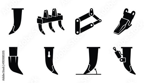 Excavator ripper shanks and teeth vector illustration, heavy equipment, construction machine part icon set