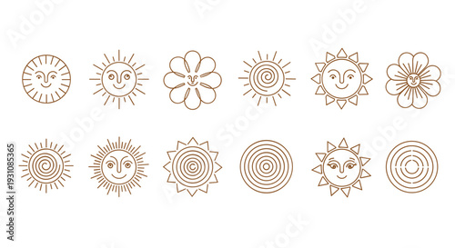 Hand drawn whimsical sun icons with smiling faces and floral elements set against a clean white background boho style