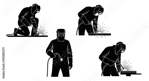 Set of four diverse silhouette illustrations depicting welders performing various tasks with sparks flying showcasing