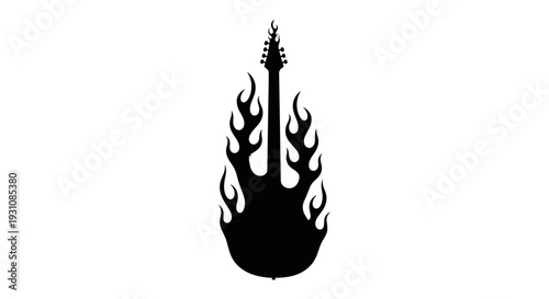 Black silhouette of an electric guitar engulfed in flames symbolizing rock music passion energy and intense performance