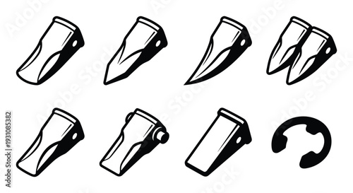 Excavator teeth and retainer clip vector illustrations, various shapes and styles, black outline on white background
