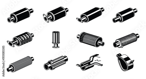 Exhaust Muffler Silencer Vector Art Set, Car and Motorcycle Parts, Automotive System, Exhaust System Components