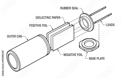 Exploded diagram of electrolytic capacitor showing components parts and material in detailed vector illustration