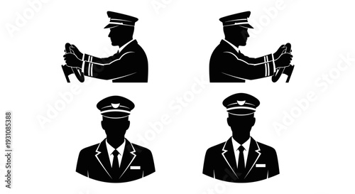 Professional chauffeur silhouette set side view driving front view portrait formal uniform cap tie