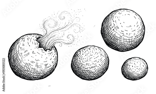 Exploding sphere with escaping dust, three additional spheres illustration sketch art