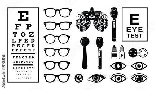 Eye exam chart, glasses, and ophthalmology equipment for vision test. Eye care and vision correction illustration