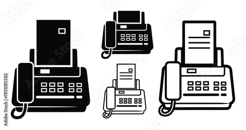 Fax machine vector illustration. Office fax device and telephone receiver set isolated on white background.