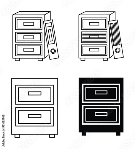 Filing cabinets and ring binders line art drawing illustration, minimalist furniture icon, office storage solutions black and white.