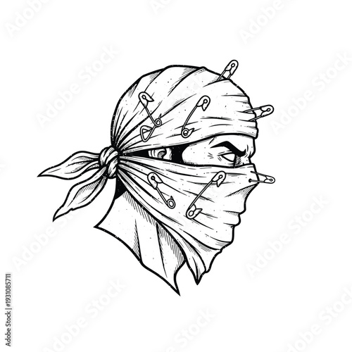 Rebel Masked Figure in Bandana with Safety Pins - Edgy Black & White Illustration