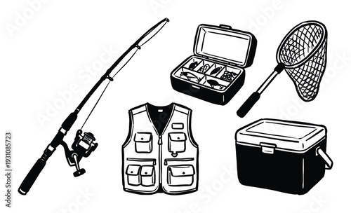 Fishing Equipment: Fishing rod, tackle box, net, vest, and cooler isolated on white background