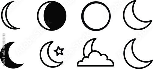 Collection of moon phase icons simple vector graphics for weather apps and celestial concepts isolated on white