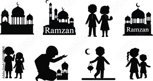 Ramadan and Ramzan silhouette collection featuring mosques praying children and festive elements ideal for Islamic holiday greetings web design and cultural event promotion