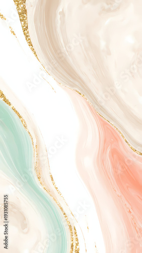 A pastel palette of soft pink, mint, and beige swirls gracefully together, enhanced by shimmering gold highlights Generative AI