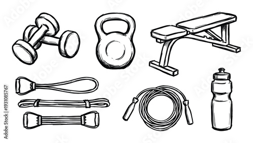 Fitness equipment vector illustration, dumbbells, kettlebell, bench, resistance bands, jump rope, and water bottle sketch