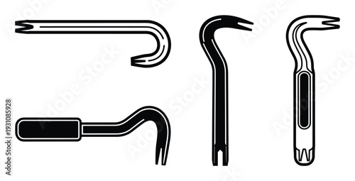 Four crowbar vector line art illustration, tool for demolition, construction, and maintenance work, in black and white style