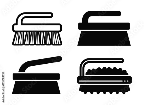 Four different scrubbing brushes silhouettes illustrations, cleaning supplies and household equipment icons, cleaning tool