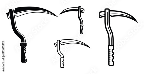 Four different scythes illustrations with curved blades and distinct handle designs.