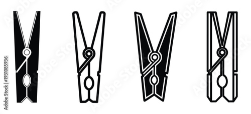 Four different style of clothespins black and white vector illustration