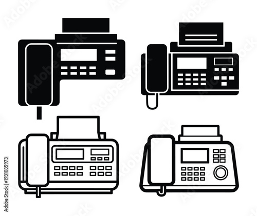 Four fax machines vector illustrations, different styles of classic office fax, isolated black and white