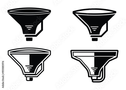 Four funnel vector icons, half-filled and outline style illustration, black and white design, isolated.