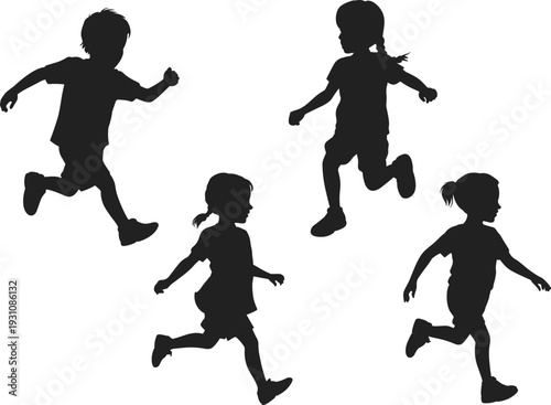 WebFlat vector illustration of children silhouettes running and jumping together, playful energetic poses, joyful motion design, abstract human figures stylish artwork