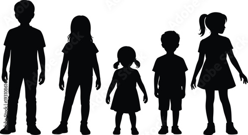 WebFlat vector illustration of children silhouettes standing together, diverse ages, playful expressive poses, joyful motion design, abstract human figures artwork