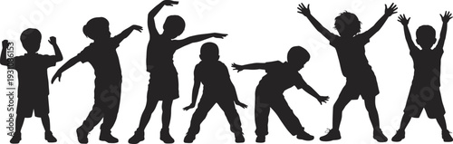 WebFlat vector illustration of children silhouettes standing and dancing, playful expressive poses, joyful motion design, abstract human figures, stylish artwork