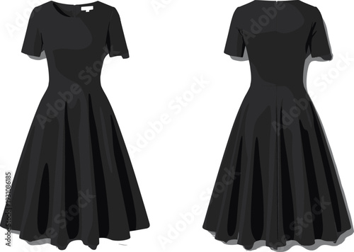 WebElegant dress silhouette, short sleeve design, fitted bodice, flared pleated skirt, fashion garment illustration, apparel icon, wardrobe style, flat vector illustration